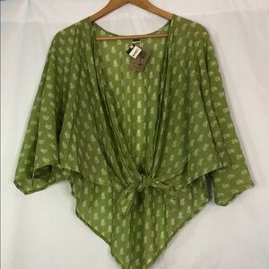 CRC PETITE PAISLEY KIMONO TIE-FRONT KNOT GREEN HANDCRAFTED SIZE L